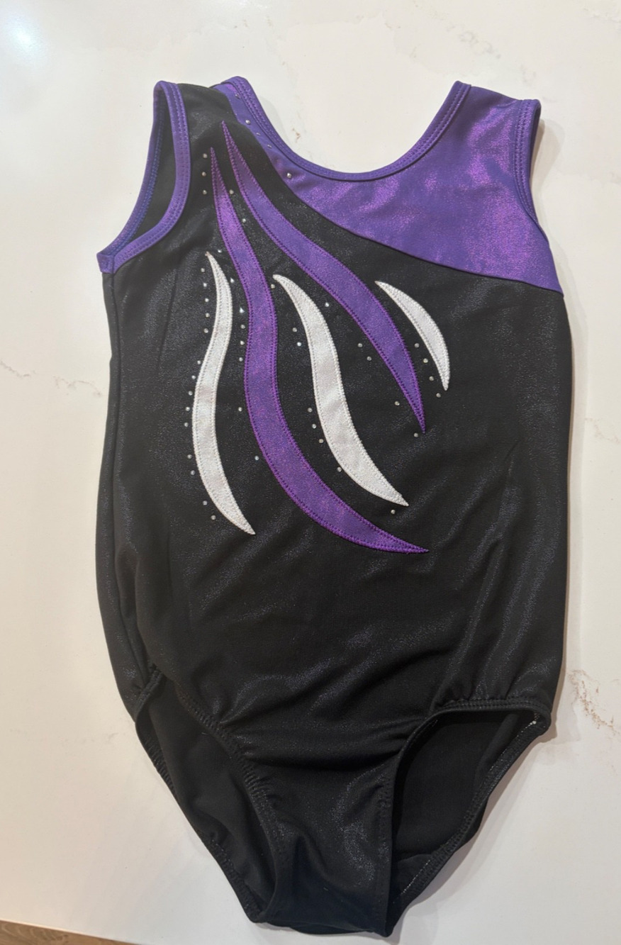 Vogue Fashion Gymnastics Leotard Black Purple Flames Foil Sequins Size 8 A